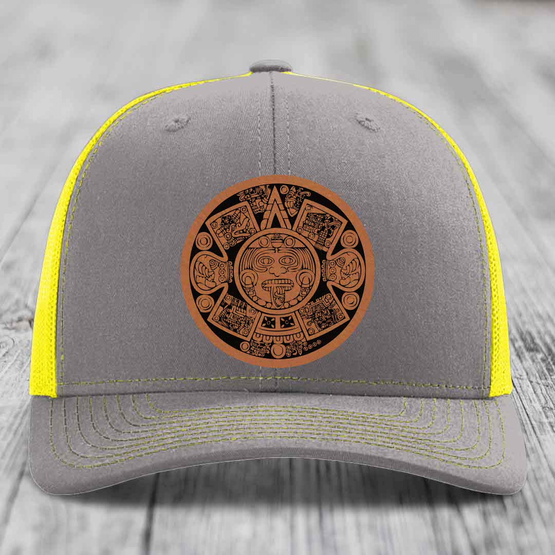 Aztec Calendar - Leather Patch Hat - Rawhide to Black Patch - Richardson 112 Snapback Trucker Hat