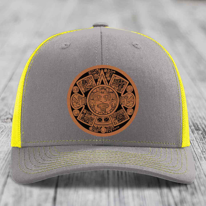 Aztec Calendar - Leather Patch Hat - Rawhide to Black Patch - Richardson 112 Snapback Trucker Hat
