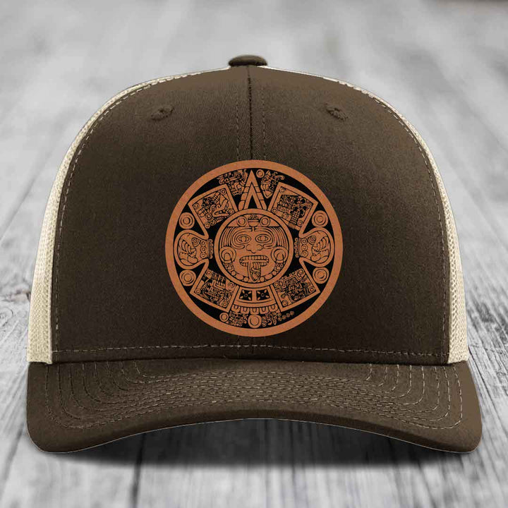 Aztec Calendar - Leather Patch Hat - Rawhide to Black Patch - Richardson 112 Snapback Trucker Hat