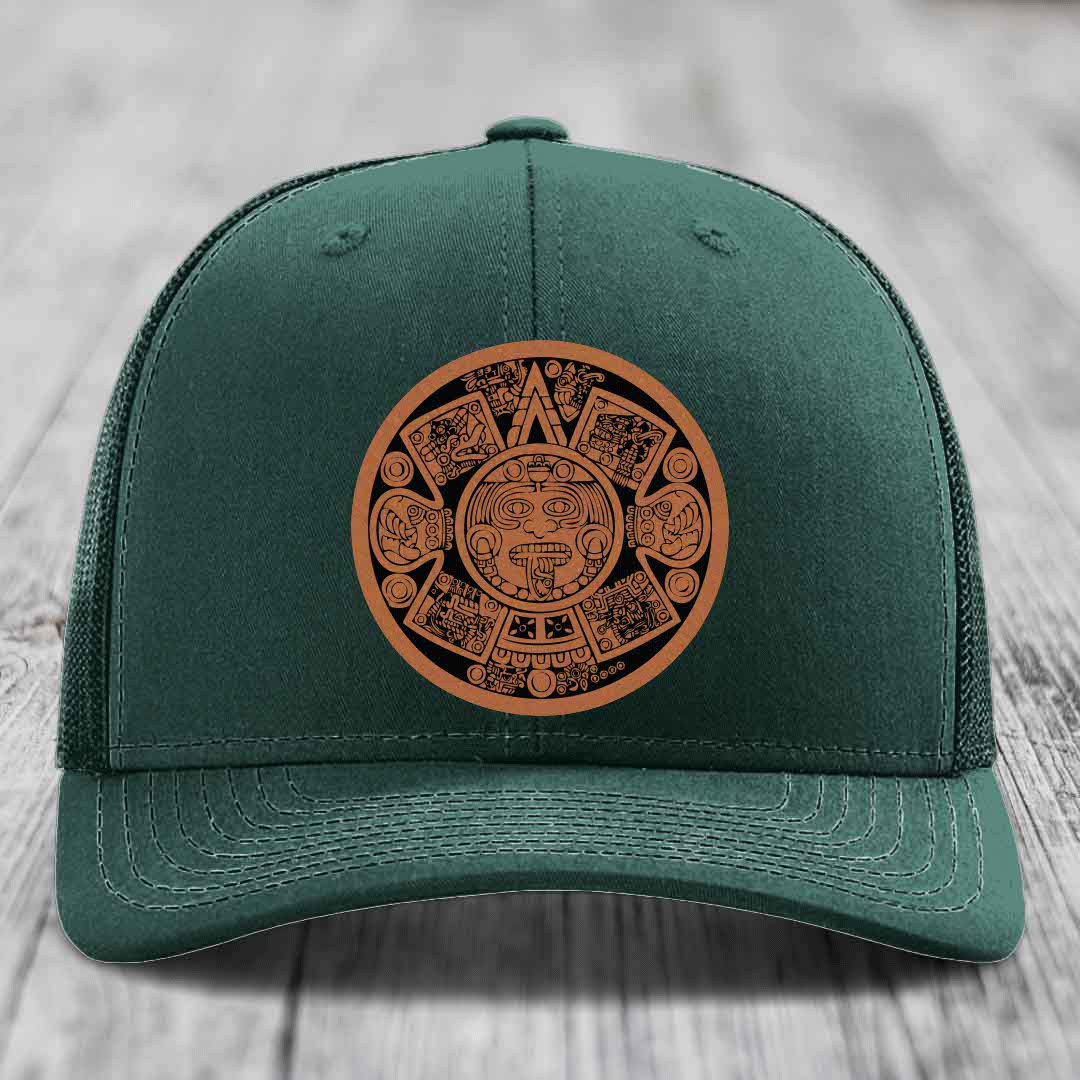 Aztec Calendar - Leather Patch Hat - Rawhide to Black Patch - Richardson 112 Snapback Trucker Hat