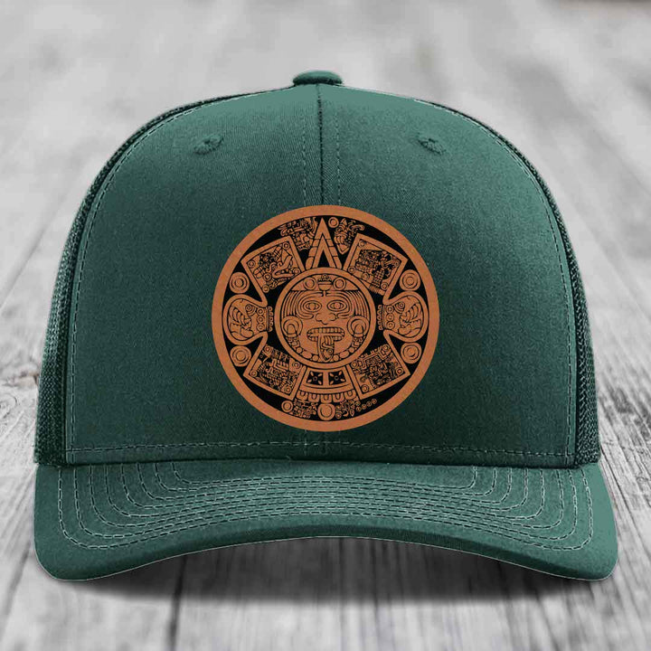 Aztec Calendar - Leather Patch Hat - Rawhide to Black Patch - Richardson 112 Snapback Trucker Hat