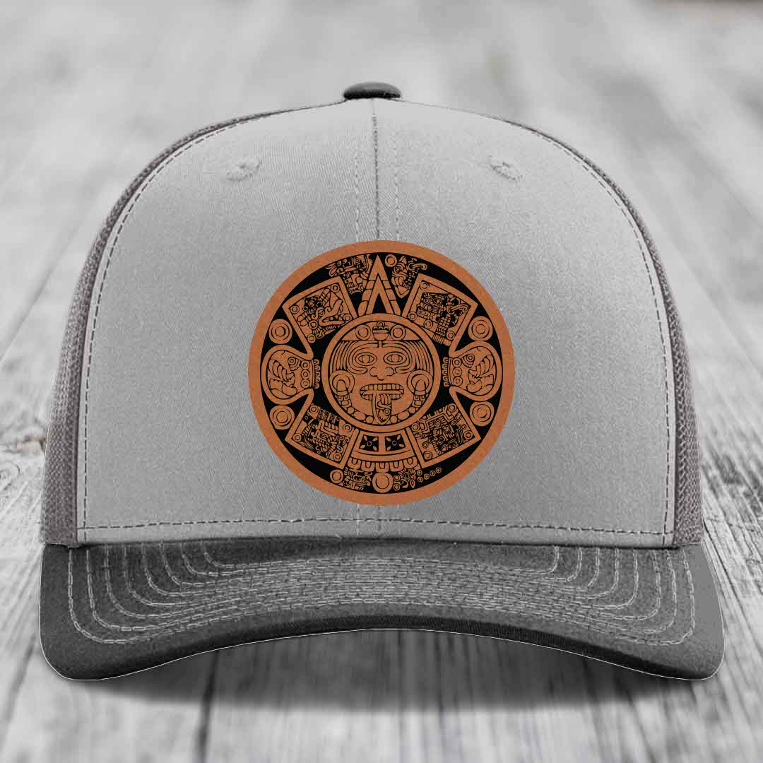 Aztec Calendar - Leather Patch Hat - Rawhide to Black Patch - Richardson 112 Snapback Trucker Hat