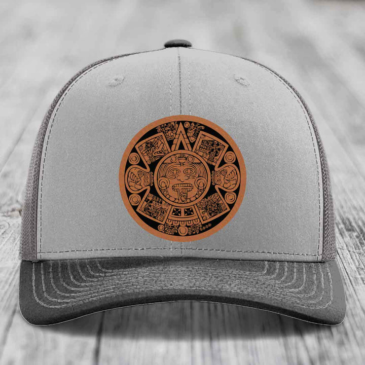 Aztec Calendar - Leather Patch Hat - Rawhide to Black Patch - Richardson 112 Snapback Trucker Hat
