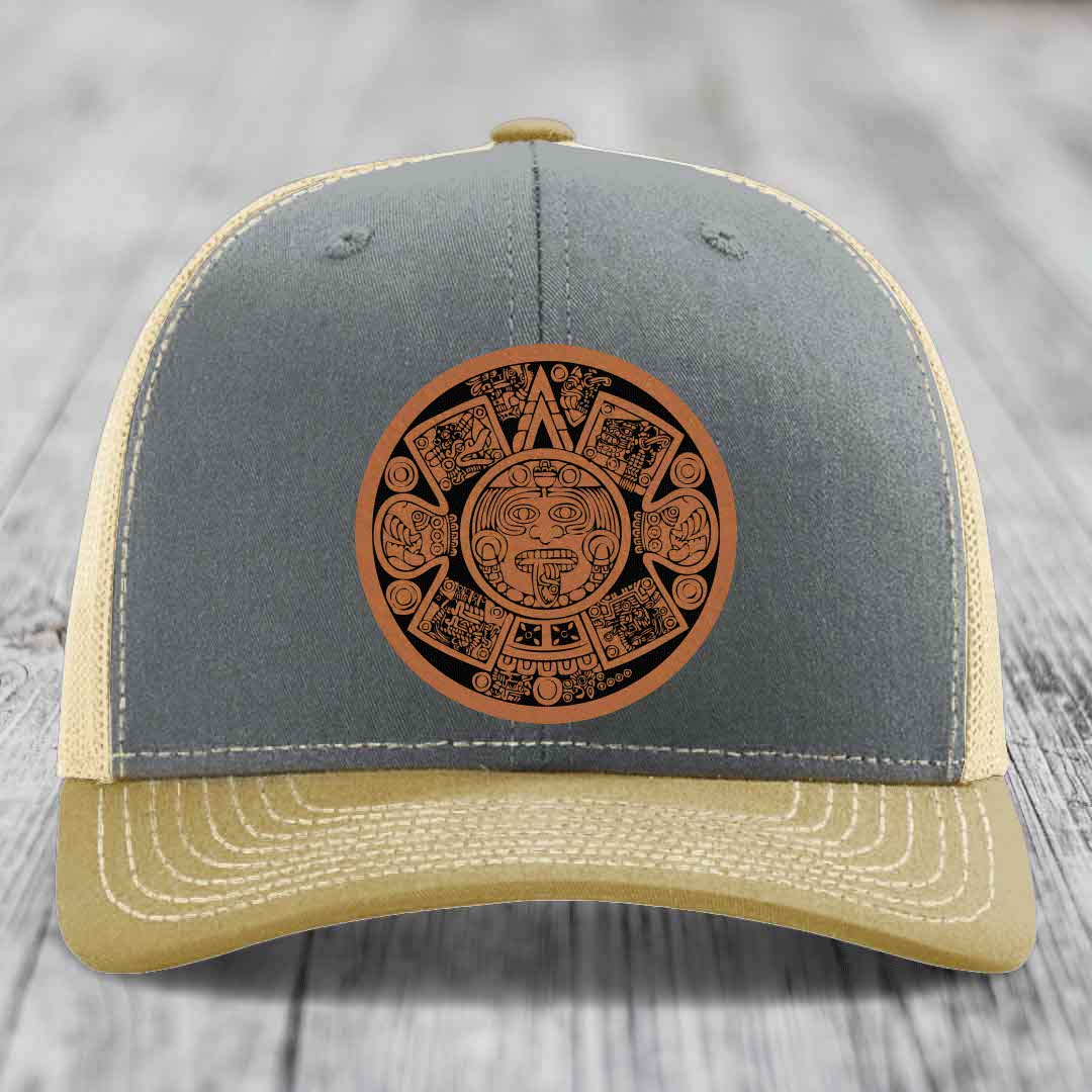 Aztec Calendar - Leather Patch Hat - Rawhide to Black Patch - Richardson 112 Snapback Trucker Hat