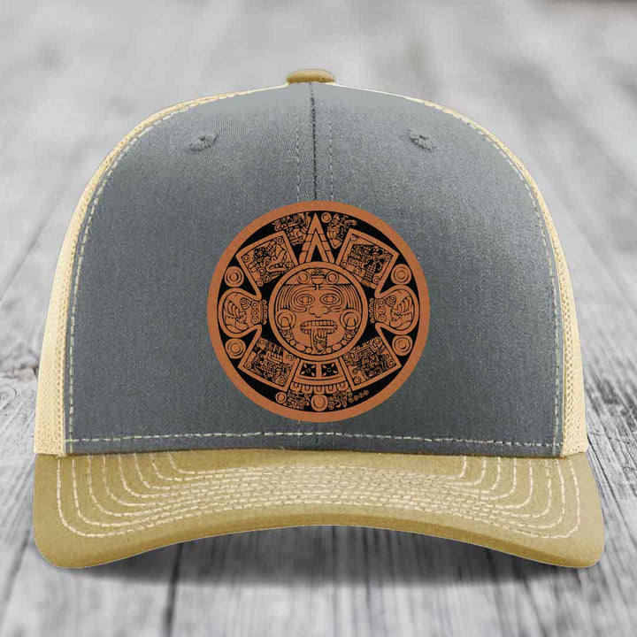 Aztec Calendar - Leather Patch Hat - Rawhide to Black Patch - Richardson 112 Snapback Trucker Hat