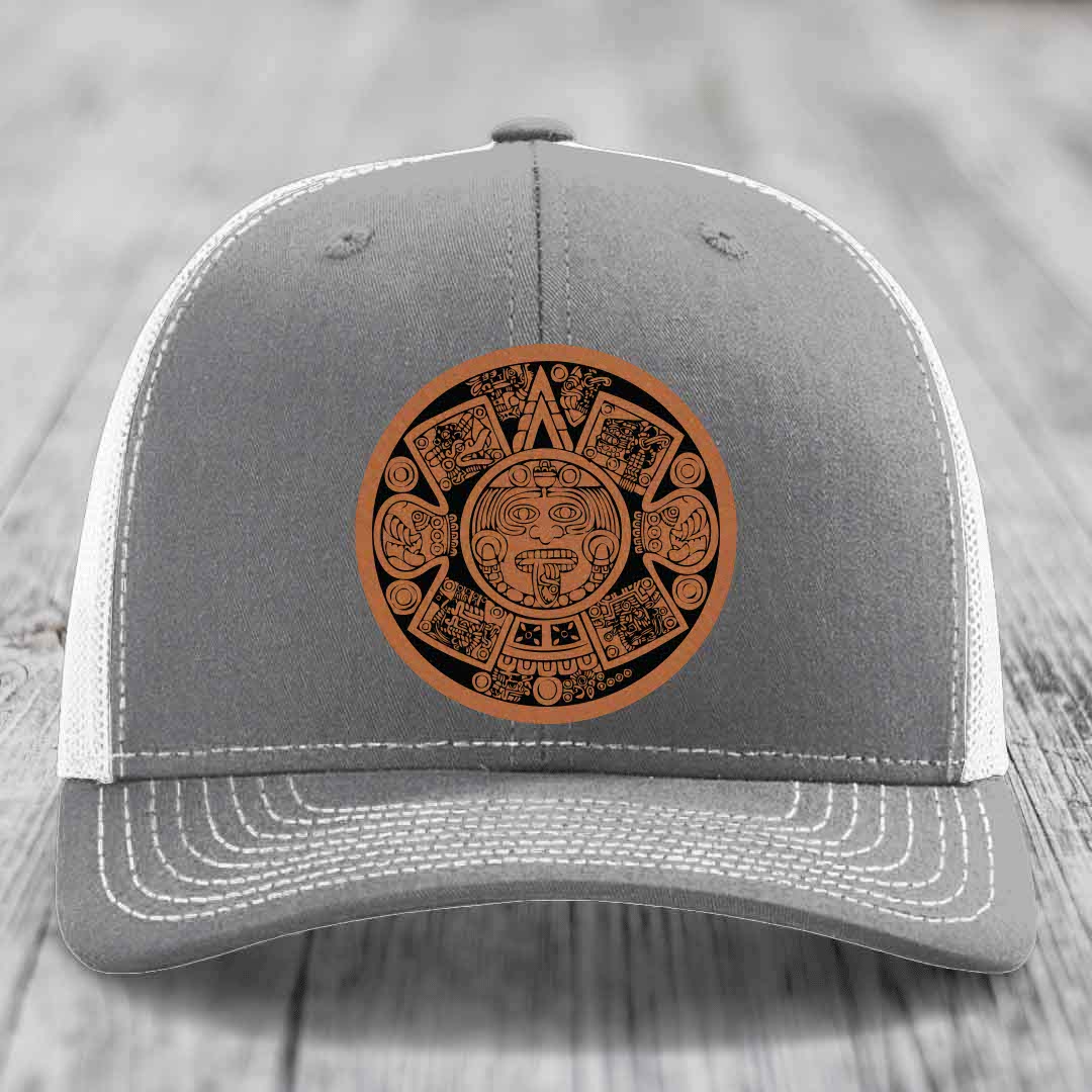Aztec Calendar - Leather Patch Hat - Rawhide to Black Patch - Richardson 112 Snapback Trucker Hat