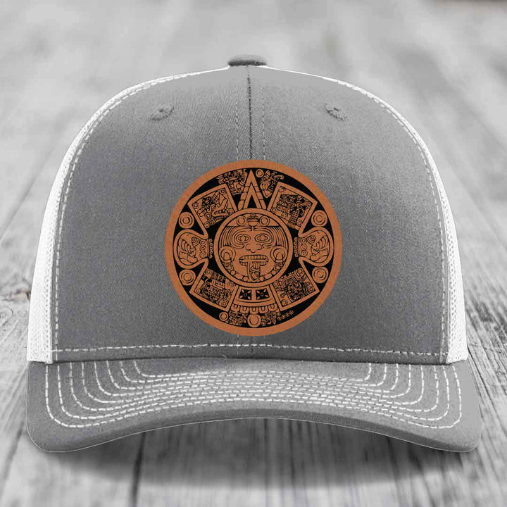 Aztec Calendar - Leather Patch Hat - Rawhide to Black Patch - Richardson 112 Snapback Trucker Hat