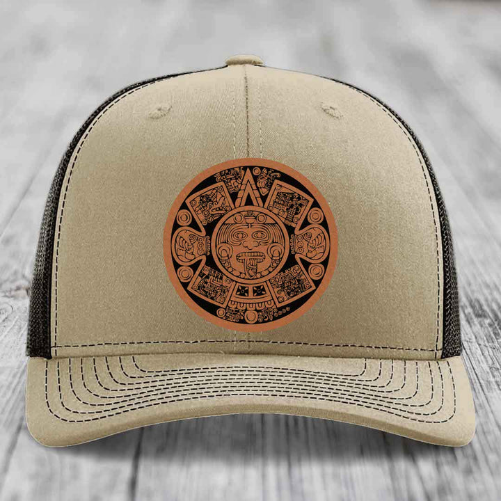 Aztec Calendar - Leather Patch Hat - Rawhide to Black Patch - Richardson 112 Snapback Trucker Hat