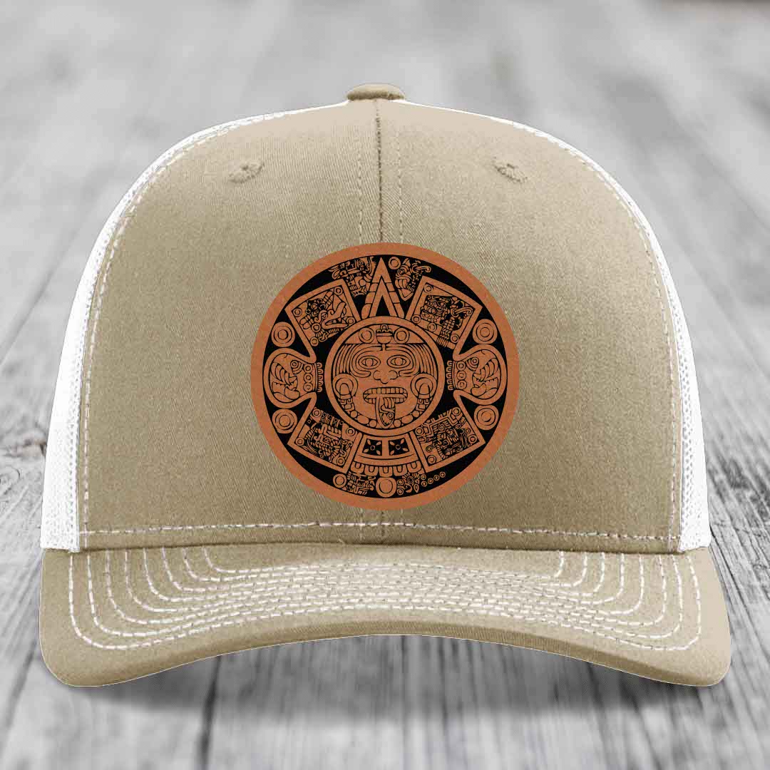 Aztec Calendar - Leather Patch Hat - Rawhide to Black Patch - Richardson 112 Snapback Trucker Hat
