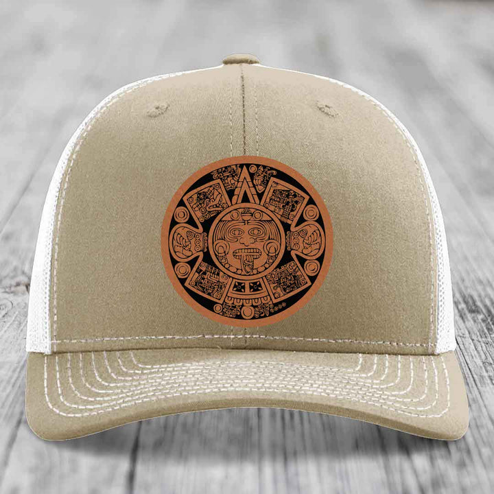 Aztec Calendar - Leather Patch Hat - Rawhide to Black Patch - Richardson 112 Snapback Trucker Hat