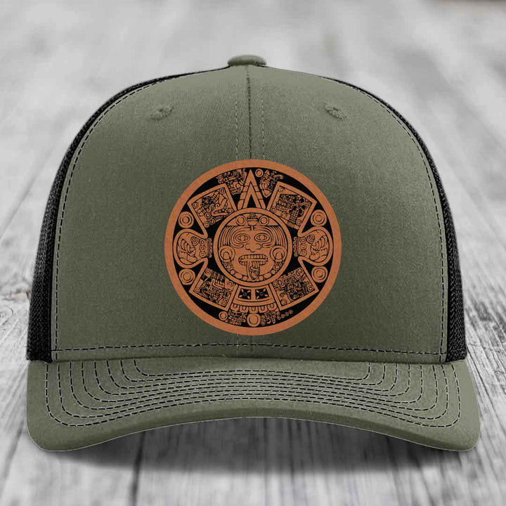 Aztec Calendar - Leather Patch Hat - Rawhide to Black Patch - Richardson 112 Snapback Trucker Hat