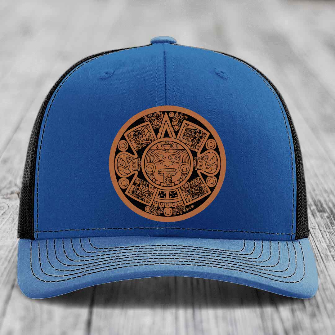 Aztec Calendar - Leather Patch Hat - Rawhide to Black Patch - Richardson 112 Snapback Trucker Hat