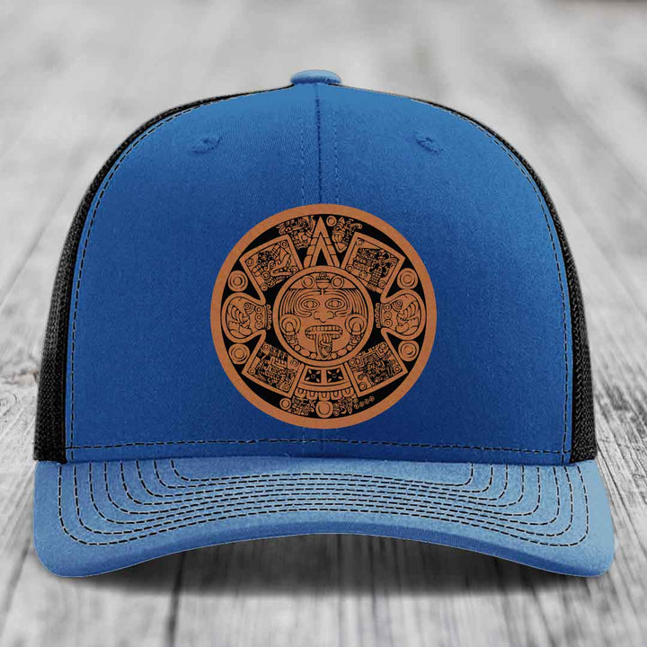 Aztec Calendar - Leather Patch Hat - Rawhide to Black Patch - Richardson 112 Snapback Trucker Hat