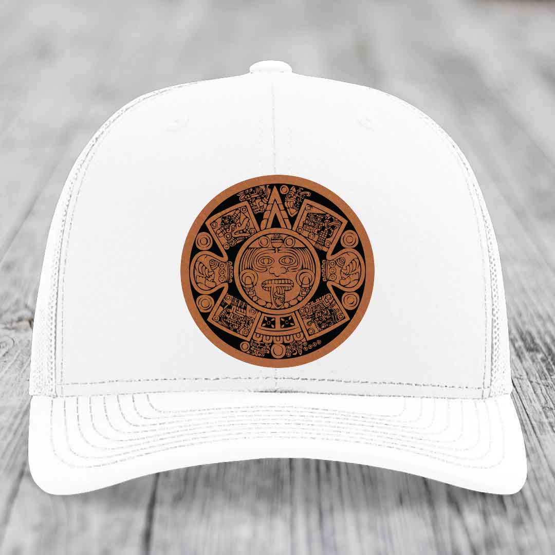 Aztec Calendar - Leather Patch Hat - Rawhide to Black Patch - Richardson 112 Snapback Trucker Hat