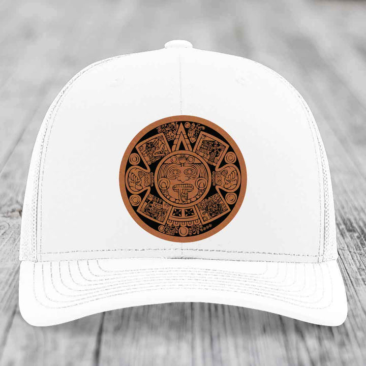 Aztec Calendar - Leather Patch Hat - Rawhide to Black Patch - Richardson 112 Snapback Trucker Hat