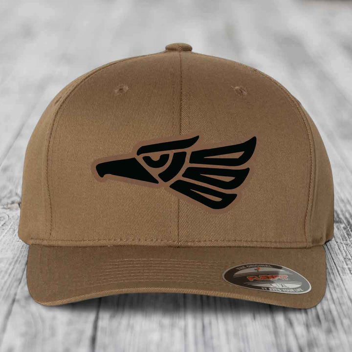 Aztec Eagle - Leather Patch Hat - Dark Brown to Black Patch - Flexfit 6277 Fitted Hat