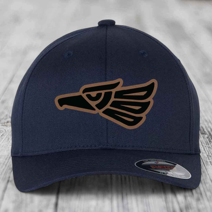 Aztec Eagle - Leather Patch Hat - Dark Brown to Black Patch - Flexfit 6277 Fitted Hat