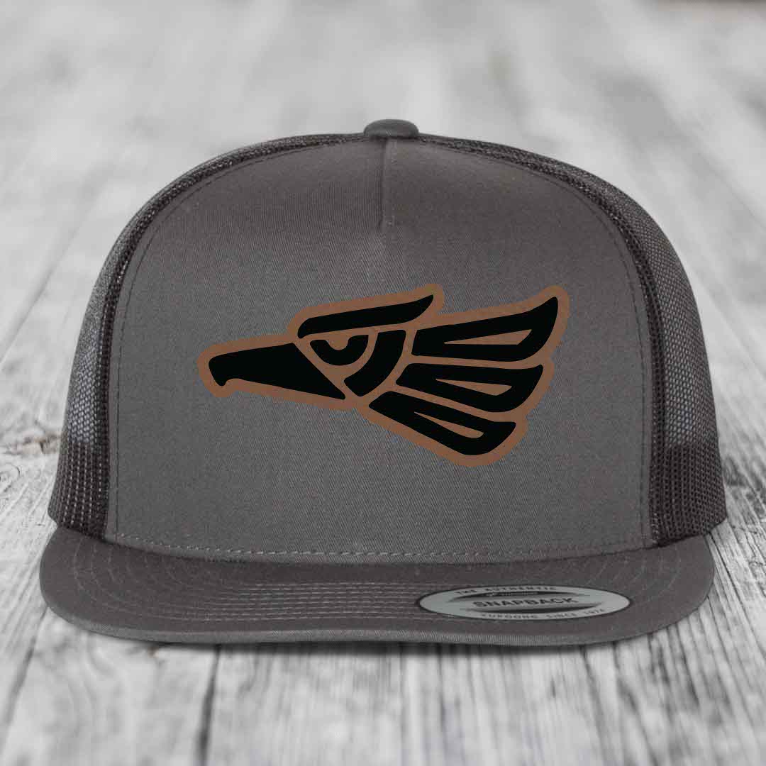 Aztec Eagle - Leather Patch Hat - Dark Brown to Black Patch - Yupoong 6006 Snapback Flatbill Hat