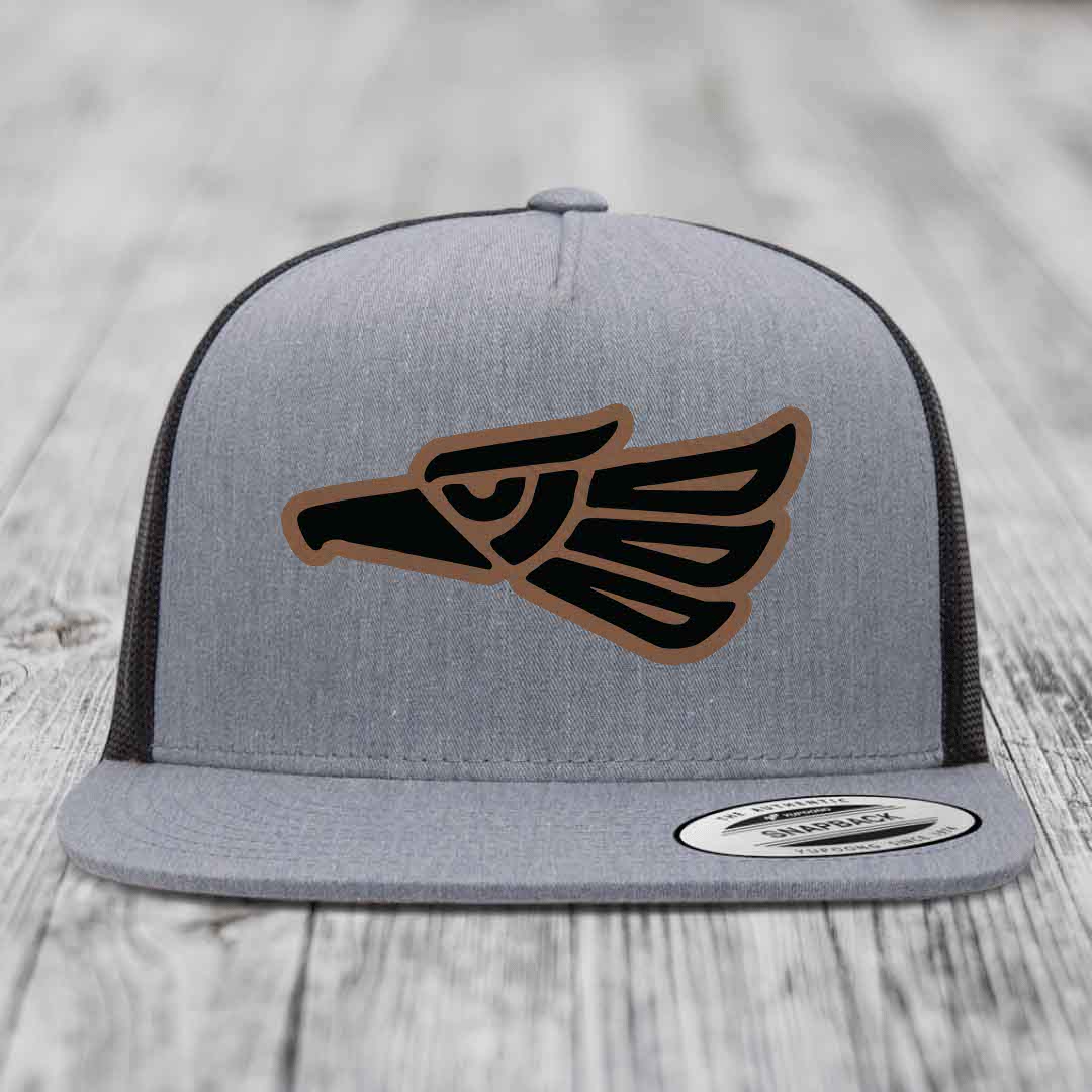 Aztec Eagle - Leather Patch Hat - Dark Brown to Black Patch - Yupoong 6006 Snapback Flatbill Hat