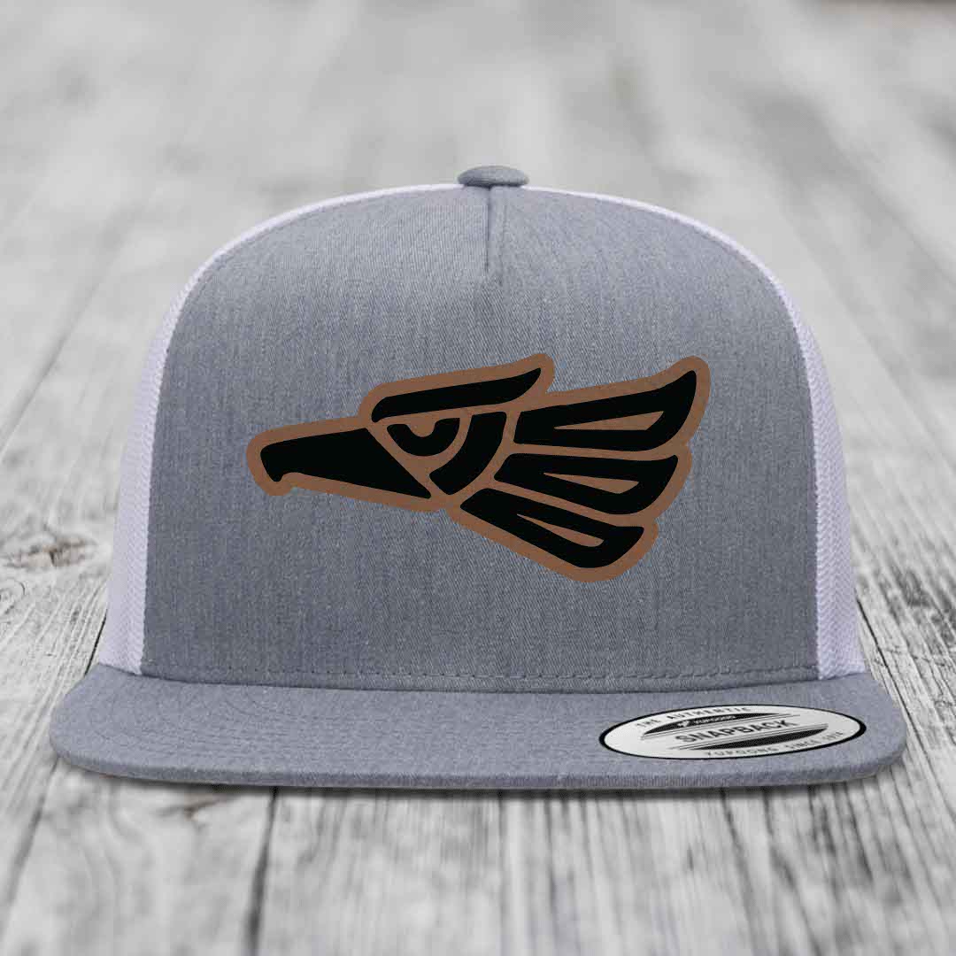 Aztec Eagle - Leather Patch Hat - Dark Brown to Black Patch - Yupoong 6006 Snapback Flatbill Hat