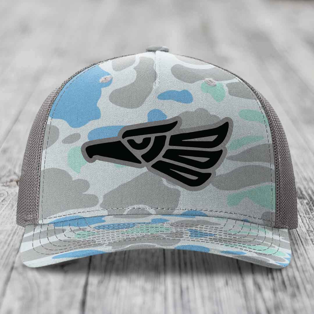 Aztec Eagle - Leather Patch Hat - Grey to Black Patch - Richardson 112PFP Snapback Trucker Hat
