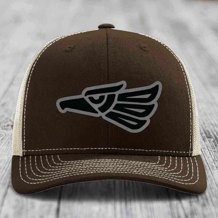 Aztec Eagle - Leather Patch Hat - Grey to Black Patch - Richardson 112 Snapback Trucker Hat