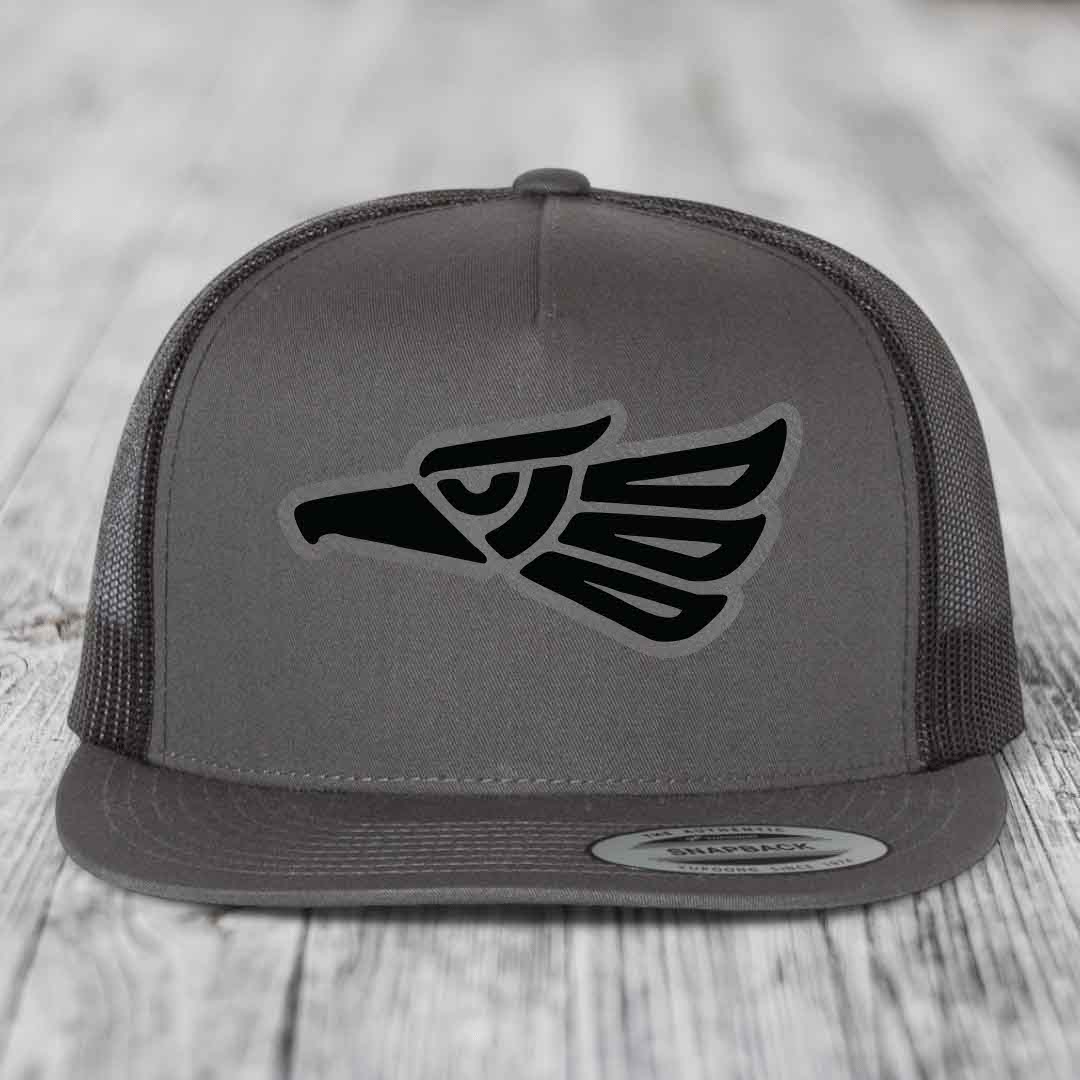 Aztec Eagle - Leather Patch Hat - Grey to Black Patch - Yupoong 6006 Snapback Flatbill Hat