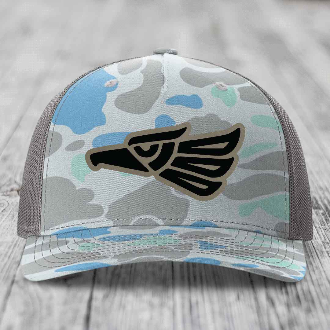 Aztec Eagle - Leather Patch Hat - Light Brown to Black Patch - Richardson 112PFP Snapback Trucker Hat