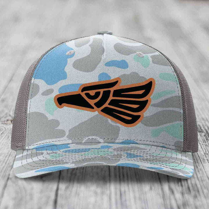 Aztec Eagle - Leather Patch Hat - Rawhide to Black Patch - Richardson 112PFP Snapback Trucker Hat