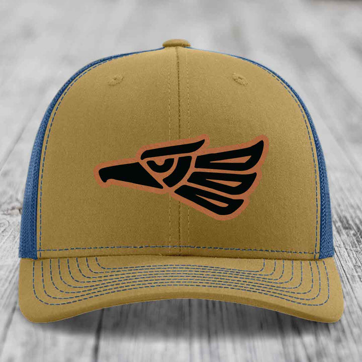 Aztec Eagle - Leather Patch Hat - Rawhide to Black Patch - Richardson 112 Snapback Trucker Hat