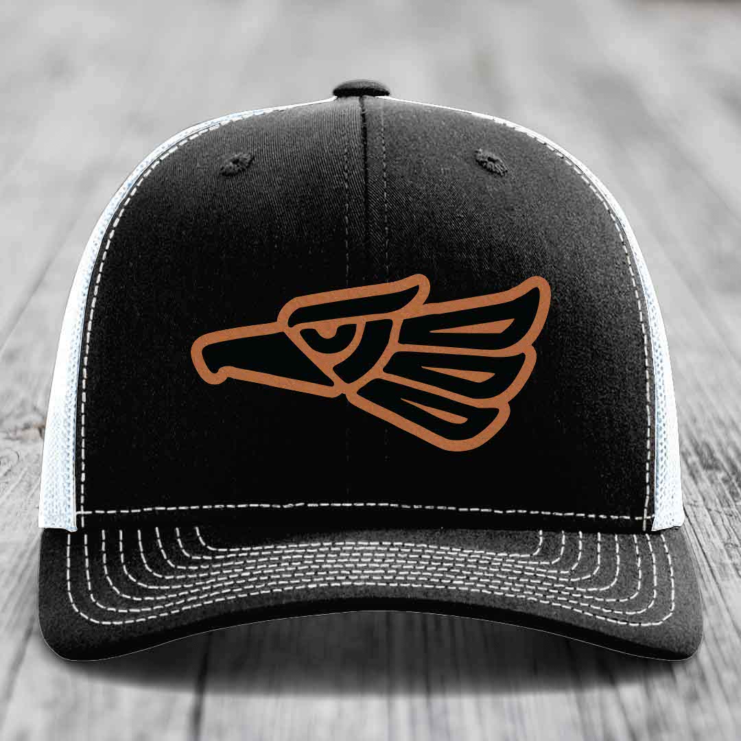 Aztec Eagle - Leather Patch Hat - Rawhide to Black Patch - Richardson 112 Snapback Trucker Hat