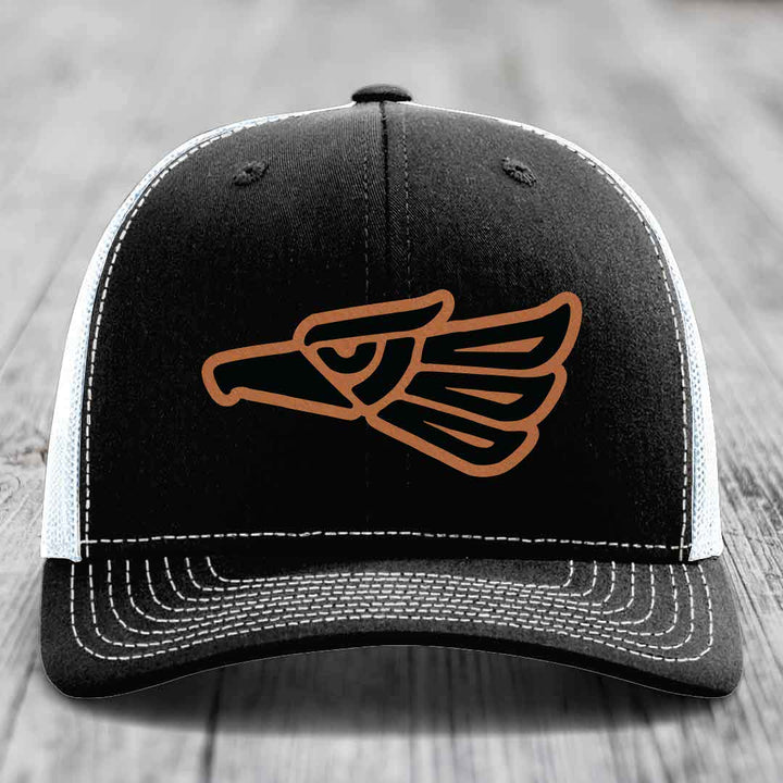 Aztec Eagle - Leather Patch Hat - Rawhide to Black Patch - Richardson 112 Snapback Trucker Hat