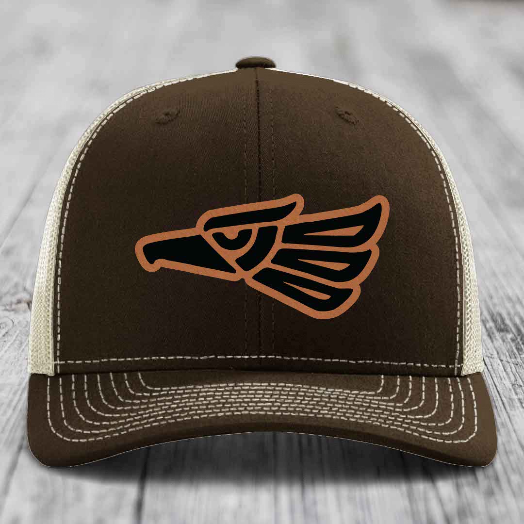 Aztec Eagle - Leather Patch Hat - Rawhide to Black Patch - Richardson 112 Snapback Trucker Hat