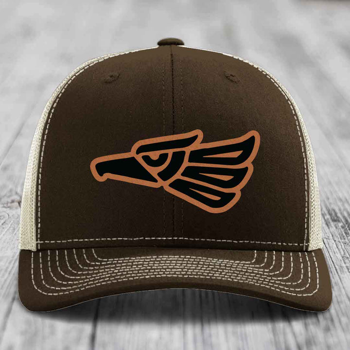 Aztec Eagle - Leather Patch Hat - Rawhide to Black Patch - Richardson 112 Snapback Trucker Hat