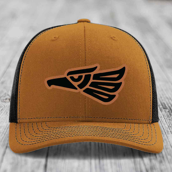 Aztec Eagle - Leather Patch Hat - Rawhide to Black Patch - Richardson 112 Snapback Trucker Hat