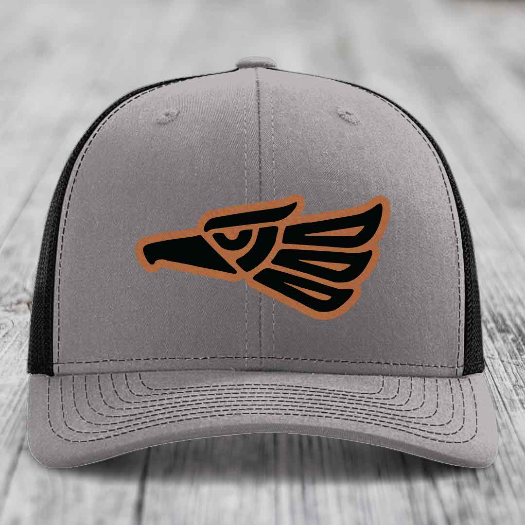 Aztec Eagle - Leather Patch Hat - Rawhide to Black Patch - Richardson 112 Snapback Trucker Hat