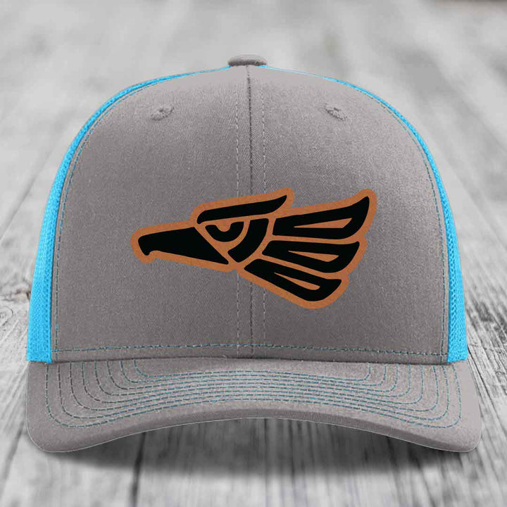 Aztec Eagle - Leather Patch Hat - Rawhide to Black Patch - Richardson 112 Snapback Trucker Hat