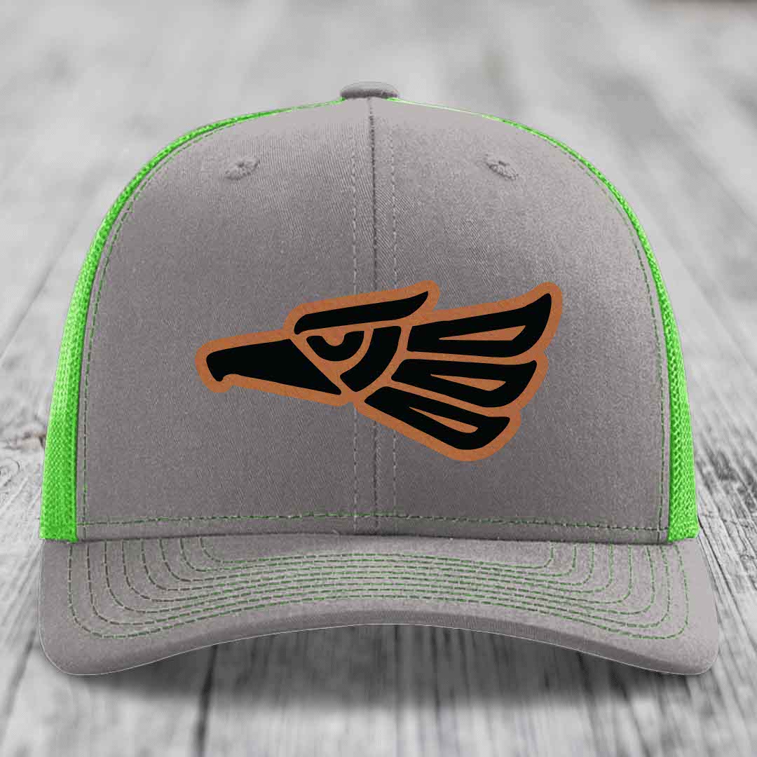 Aztec Eagle - Leather Patch Hat - Rawhide to Black Patch - Richardson 112 Snapback Trucker Hat