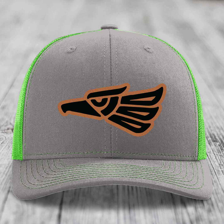 Aztec Eagle - Leather Patch Hat - Rawhide to Black Patch - Richardson 112 Snapback Trucker Hat