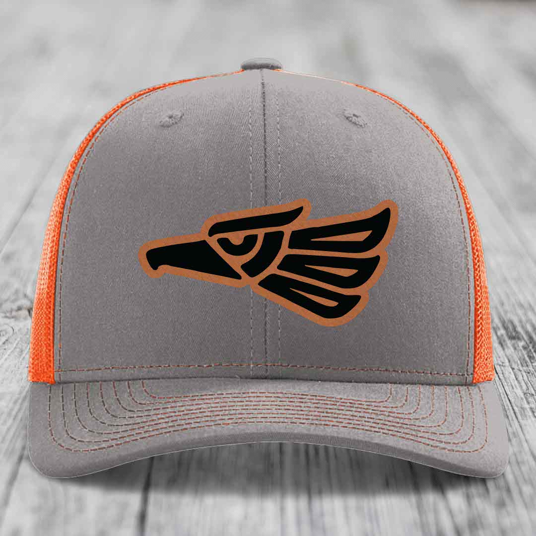 Aztec Eagle - Leather Patch Hat - Rawhide to Black Patch - Richardson 112 Snapback Trucker Hat