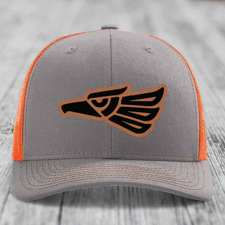 Aztec Eagle - Leather Patch Hat - Rawhide to Black Patch - Richardson 112 Snapback Trucker Hat