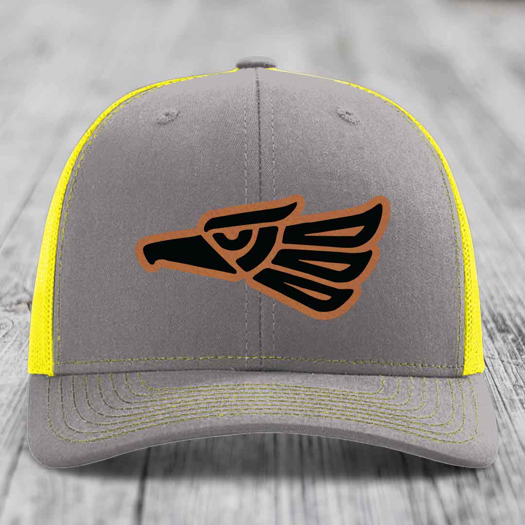 Aztec Eagle - Leather Patch Hat - Rawhide to Black Patch - Richardson 112 Snapback Trucker Hat
