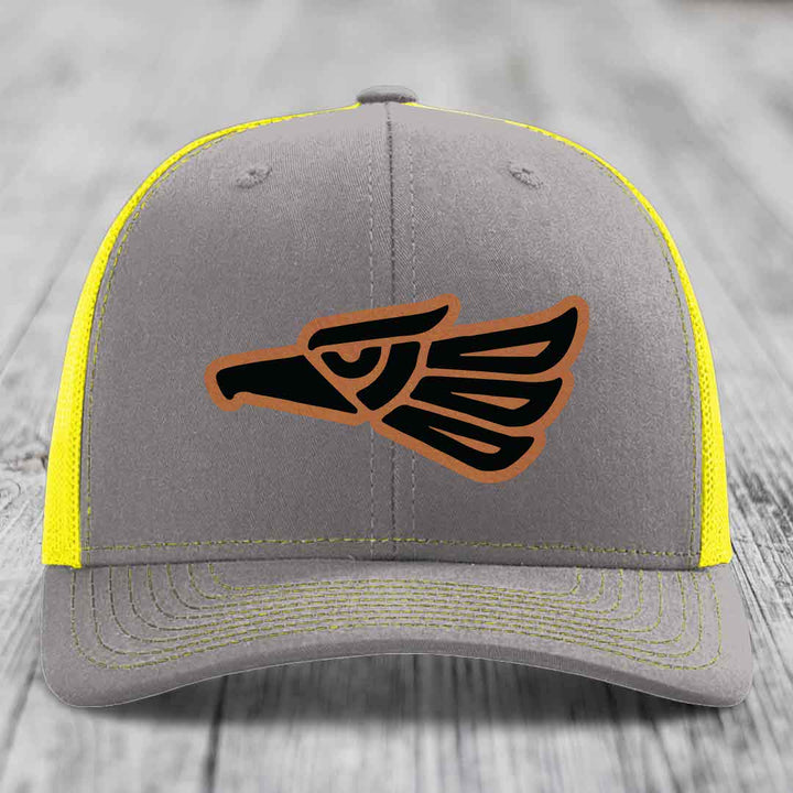 Aztec Eagle - Leather Patch Hat - Rawhide to Black Patch - Richardson 112 Snapback Trucker Hat