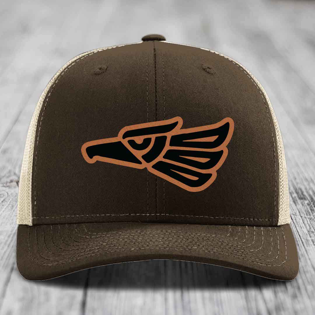 Aztec Eagle - Leather Patch Hat - Rawhide to Black Patch - Richardson 112 Snapback Trucker Hat