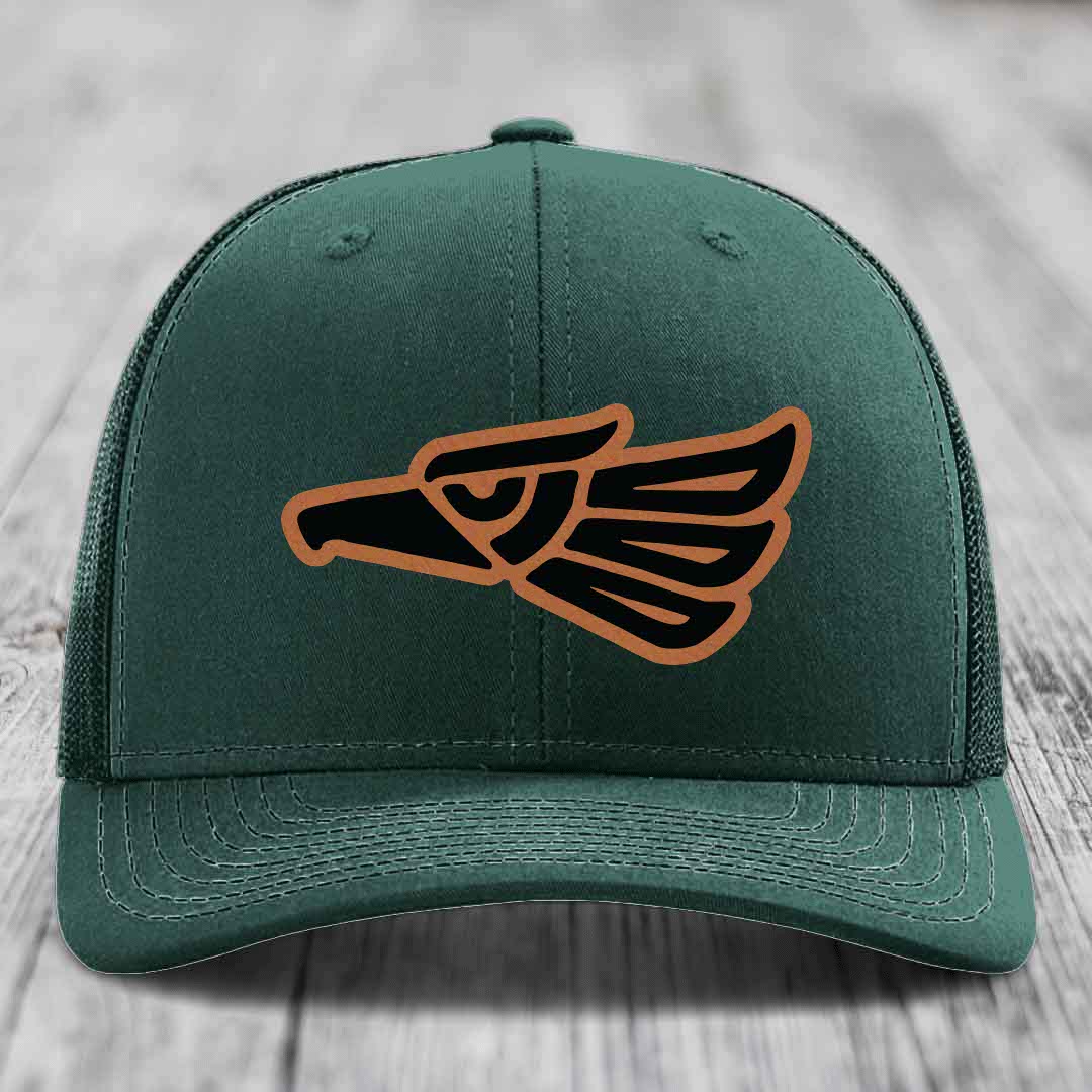 Aztec Eagle - Leather Patch Hat - Rawhide to Black Patch - Richardson 112 Snapback Trucker Hat