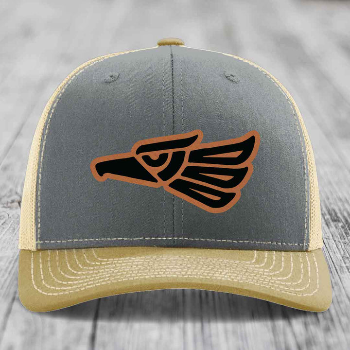 Aztec Eagle - Leather Patch Hat - Rawhide to Black Patch - Richardson 112 Snapback Trucker Hat