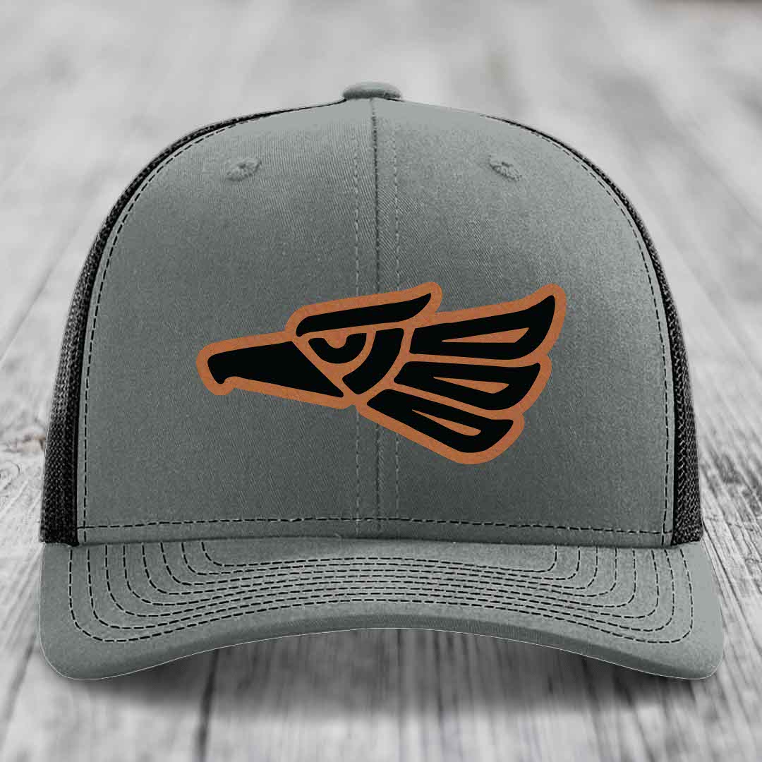 Aztec Eagle - Leather Patch Hat - Rawhide to Black Patch - Richardson 112 Snapback Trucker Hat