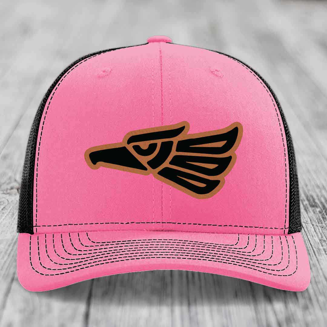 Aztec Eagle - Leather Patch Hat - Rawhide to Black Patch - Richardson 112 Snapback Trucker Hat