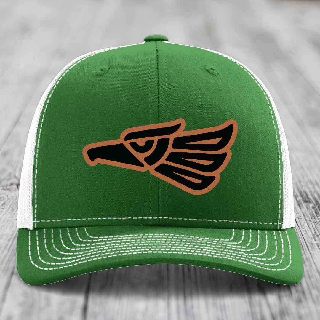 Aztec Eagle - Leather Patch Hat - Rawhide to Black Patch - Richardson 112 Snapback Trucker Hat