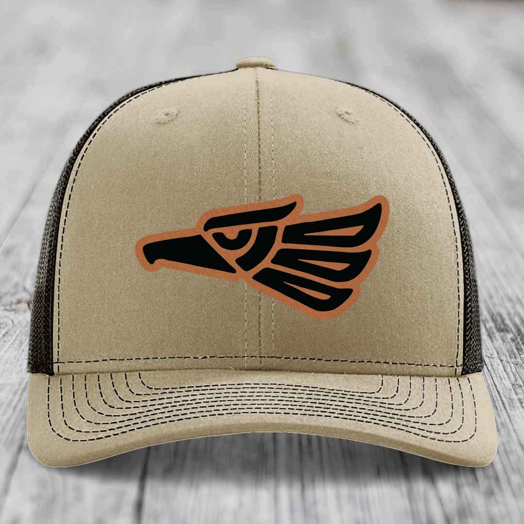 Aztec Eagle - Leather Patch Hat - Rawhide to Black Patch - Richardson 112 Snapback Trucker Hat